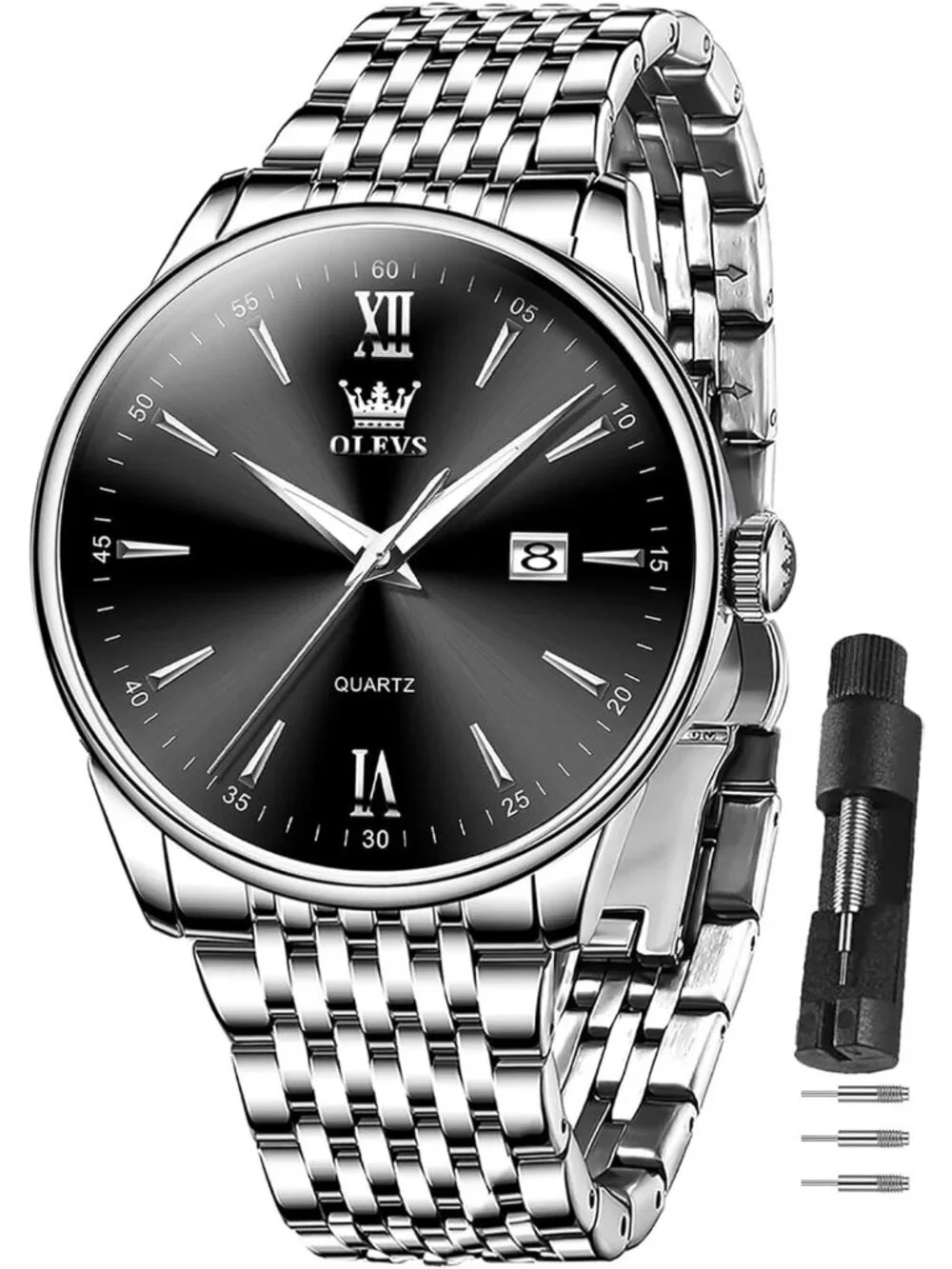 Men's Black Silver Stainless Steel Band Waterproof Roman Numbers Classic Watch